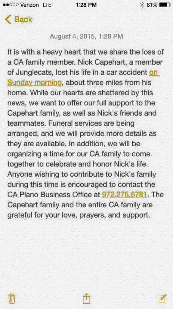 Thoughts and prayers to nicks family and friends.