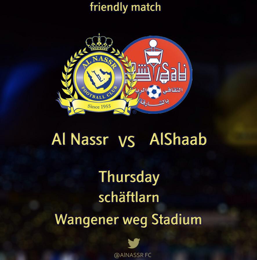 AlNassrFC_EN's tweet photo. Friendly match:
@ALNassrFC vs @AlShaabClub
Thursday at Wangener Weg Stadium in Schäftlarn, Germany. http://t.co/jvLbIT322m
