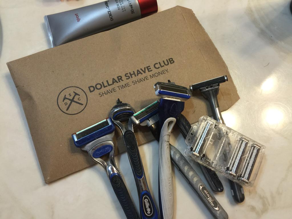SausageObsessed's tweet photo. And this is why I'm now a member of @DollarShaveClub - 6 random handles and two non-matching razors.  #problemsolved http://t.co/0gR6yCO0Jc