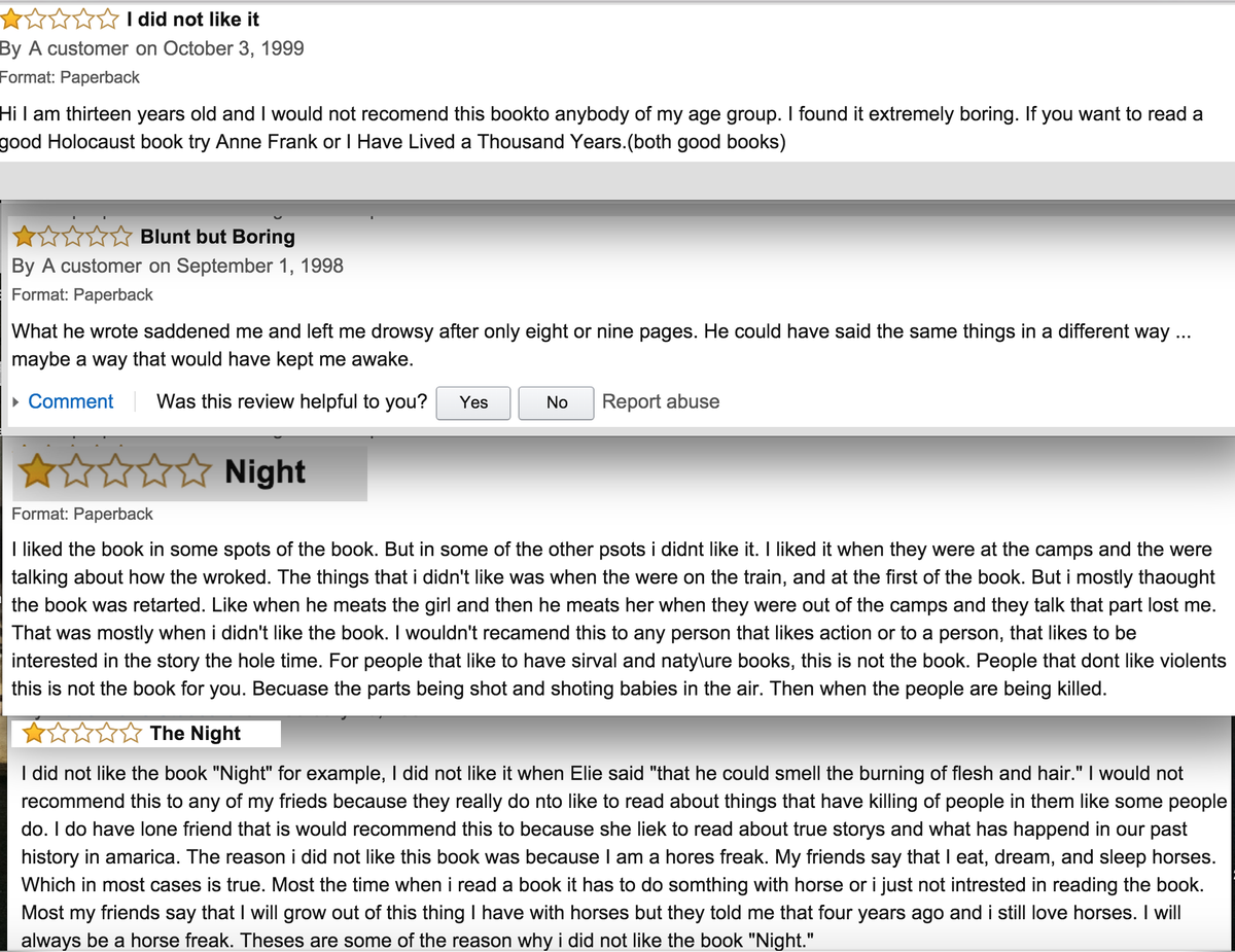 Some one star reviews of Elie Wiesel's Holocaust memoir, "Night":