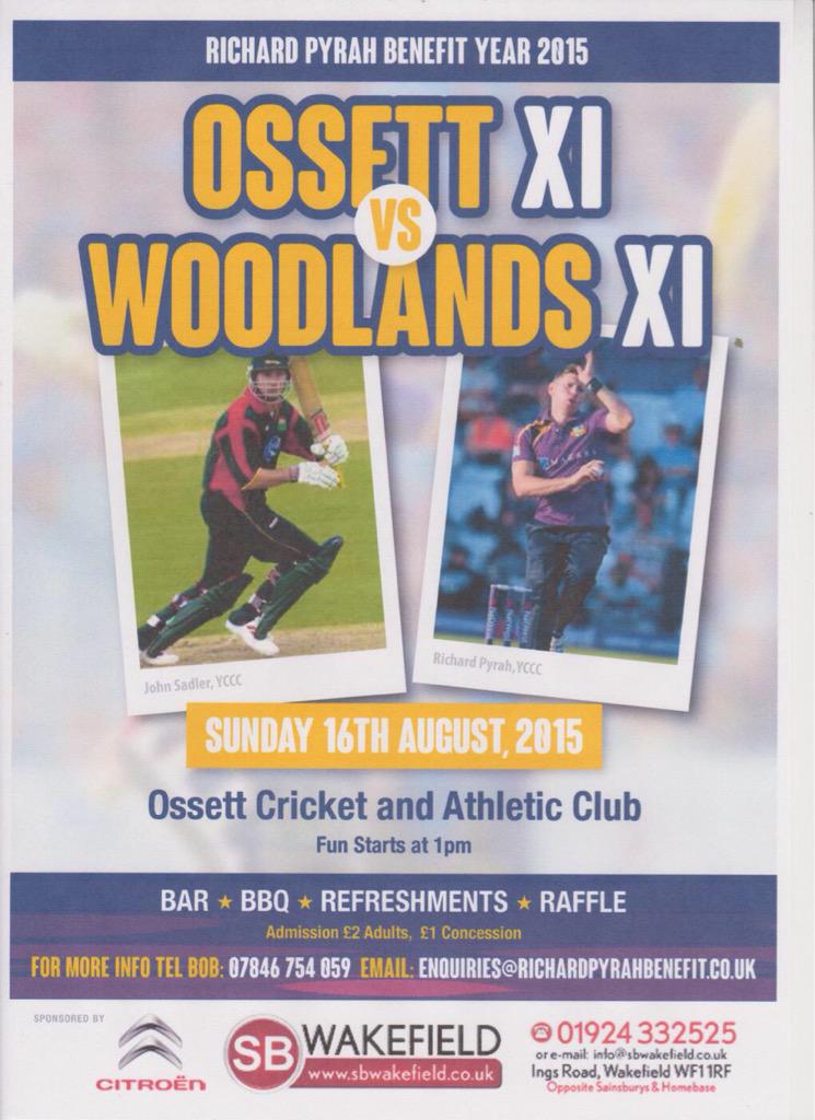 16th of August at Ossett. An Ossett X1 vs <a href="/WoodlandsCC1/">Woodlands CC 🏏</a> for @pyrah27 <a href="/RichPyrah2015/">Rich Pyrah Benefit</a> benefit year.  1pm start
