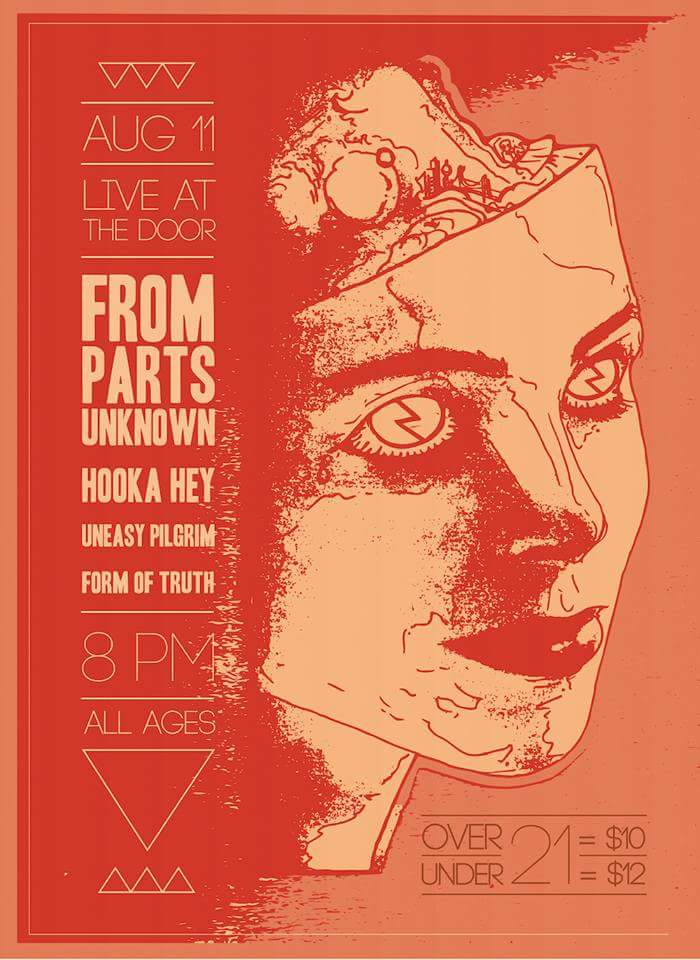 UneasyPilgrim's tweet photo. #uneasypilgrim w/ #frompartsunknown @formoftruth &amp; @hookaheytheband at @TheDoorClubs Tues 8/11. All ages show $10-$12 http://t.co/cTChCWRmaw