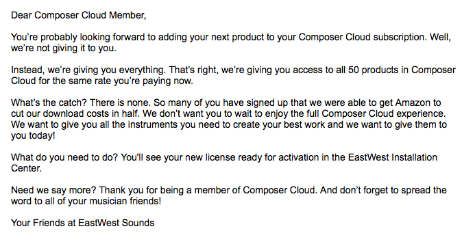 ABrunetti1's tweet image. Such an awesome email to get! Thanks @EastWestSounds! #ComposerCloud #MusicProduction