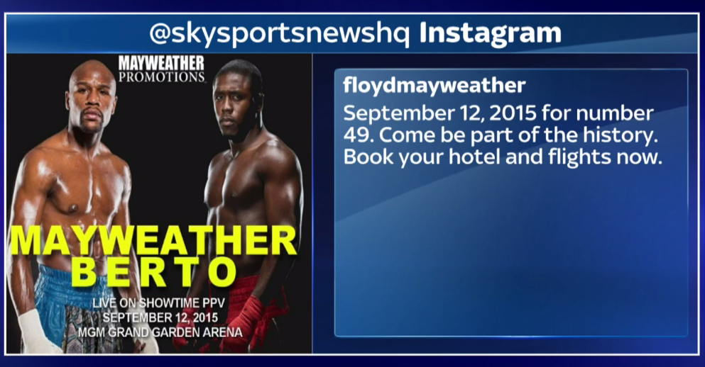 SkySportsNews's tweet photo. SOCIAL: @FloydMayweather took to Instagram to tell the world who will be the 49th fight of his career. #SSNHQ http://t.co/RlYiMchG9G