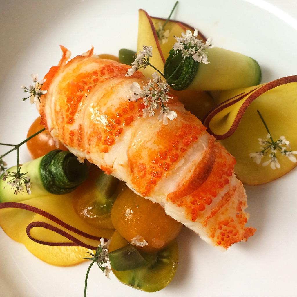 Tristan #lobster tail, sun gold tomatoes, peaches, tomato consommé