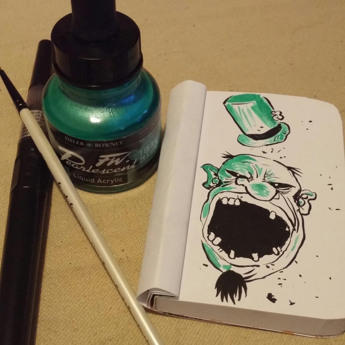 AngelaBComics's tweet photo. Some #pearlescent #acrylic #ink in my #Denkin #sketchbook on my @templesmith leprechaun-Wormwood. #artsnackschalle... http://t.co/NNtfdQVW9n