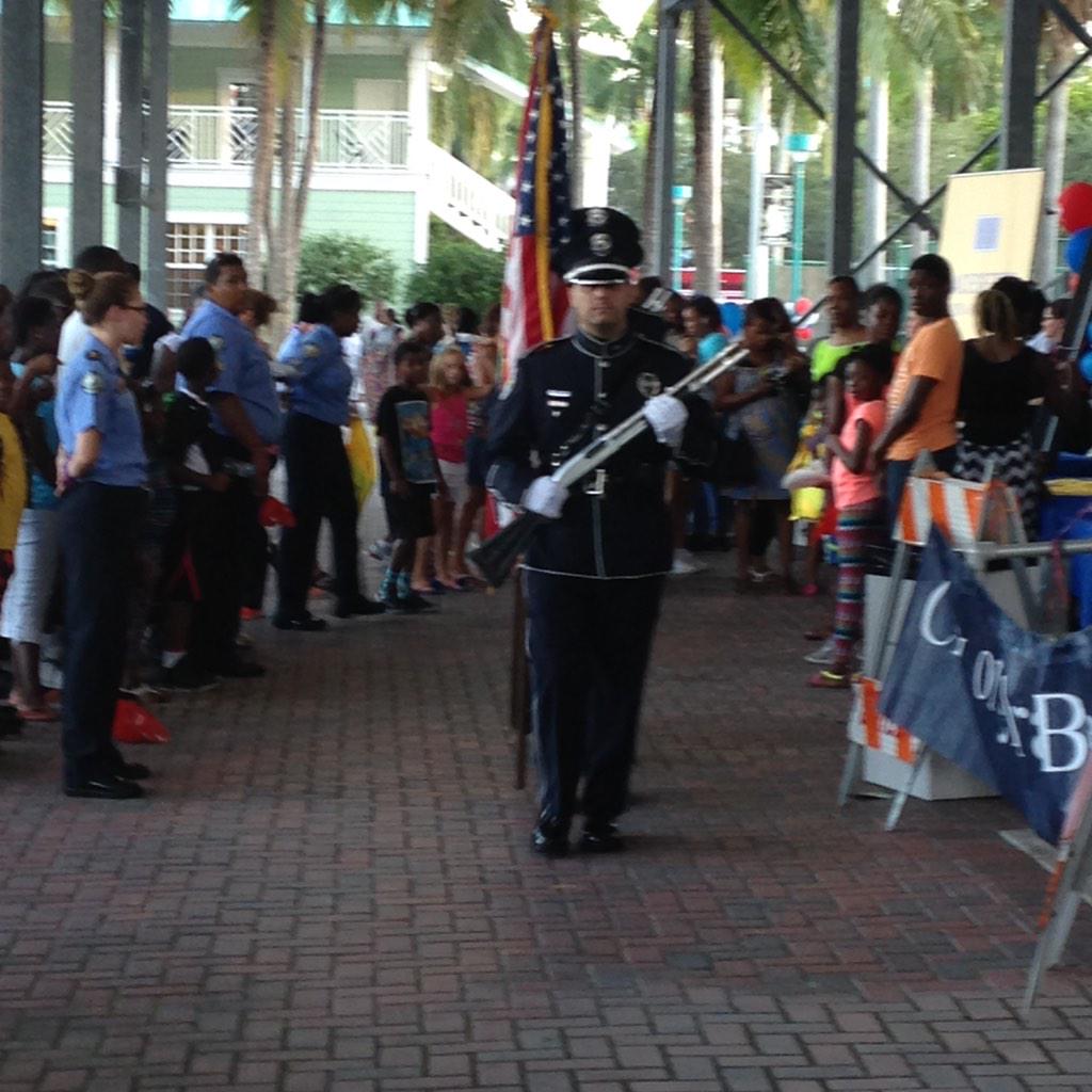DelrayBeachPD's tweet photo. DBPD Honor Guard presents colors. #BestColorGuardinPBC #DBNightOut #NationalNightOut http://t.co/k8Zvt6YWcY