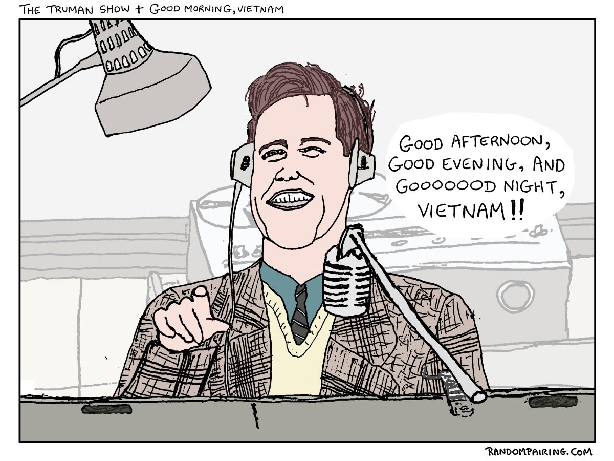 RPairing's tweet image. Hey @JimCarrey - I put your character Truman in the movie Good Morning, Vietnam-- take a look!
