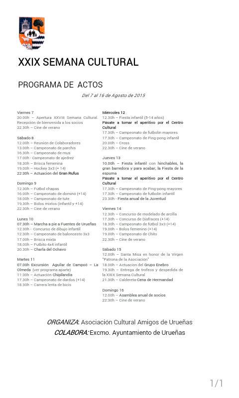 ACAUruenas's tweet photo. Os dejamos con el cartel de la XXIX Semana Cultural.
Esperamos máxima asistencia y participación. ¡Difusión! http://t.co/WMTpFwJjRB