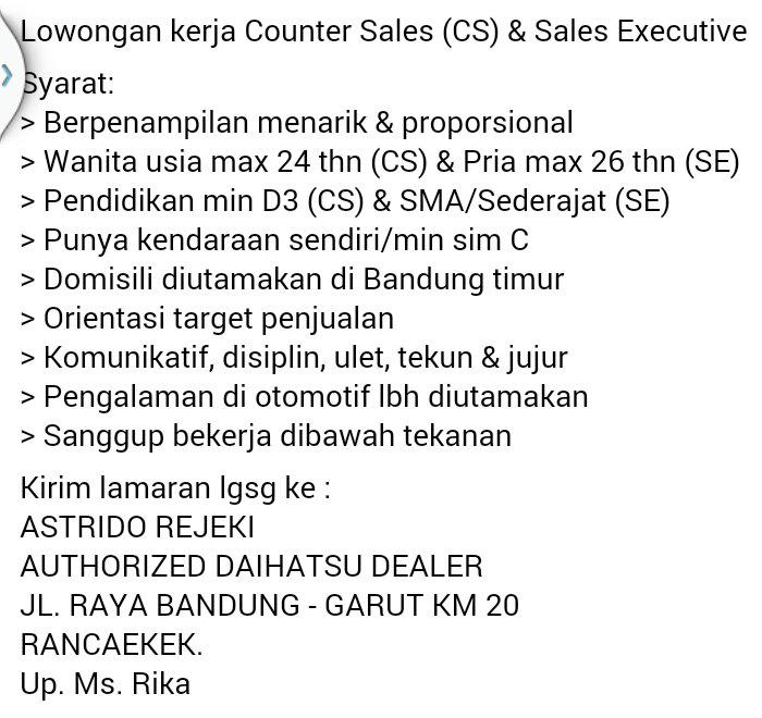 ikukh's tweet photo. @infobandung @LokerBdg @LowonganBandung lowongan pekerjaan Sales Executive &amp; Counter Sales http://t.co/ocgF8RTpyl