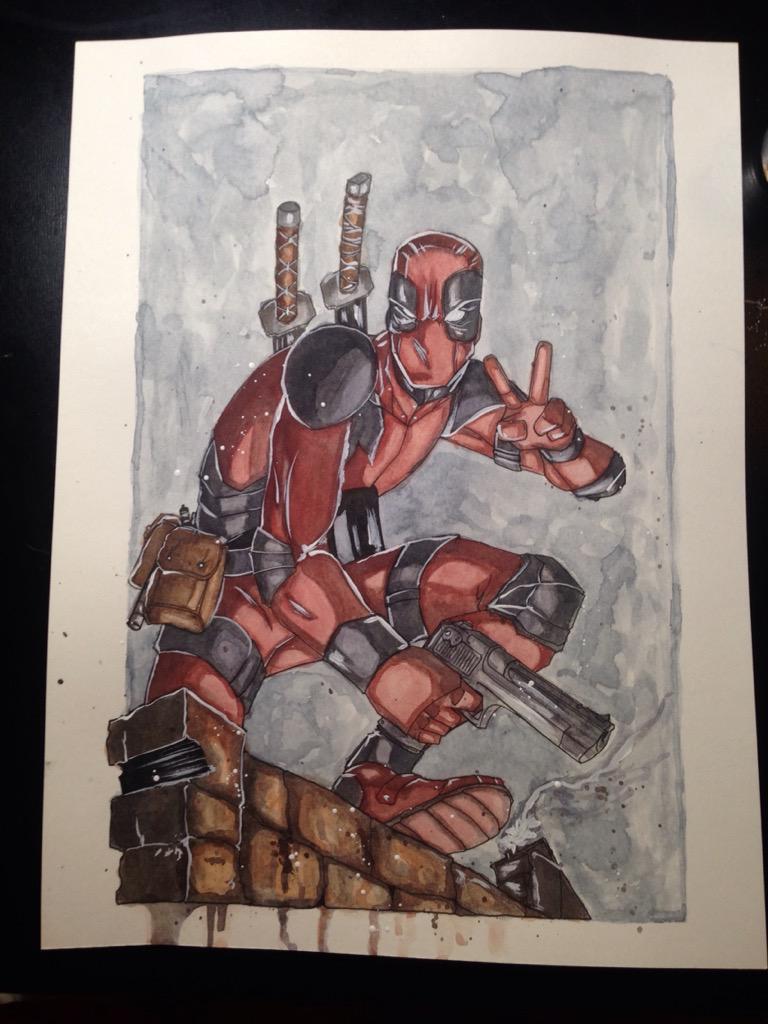 MEGAPOTATO_SHOW's tweet photo. With that kick ass @deadpoolmovie #Deadpool trailer out I re colored my art of him with watercolor. #leadheavy http://t.co/o9kHNyXIR4