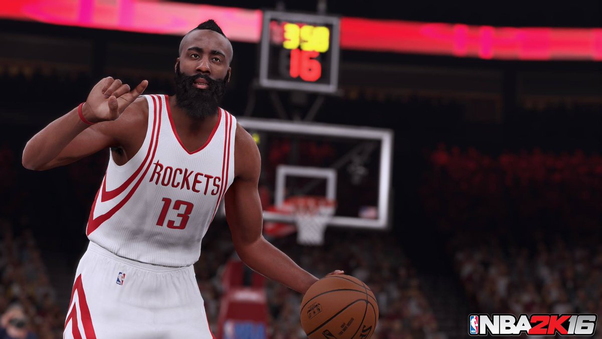 NBA2K's tweet image. Here's your 1st look at #NBA2K16 ft. screenshots of our 3 cover athletes @StephenCurry30, @JHarden13 &amp;amp; @AntDavis23!