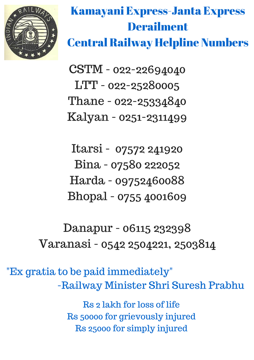 PIB_India's tweet photo. Please Retweet
#KamayaniExpress and #janataexpress #TrainTragedy
@Central_Railway Helpline Nos. http://t.co/GeZNkwnz96