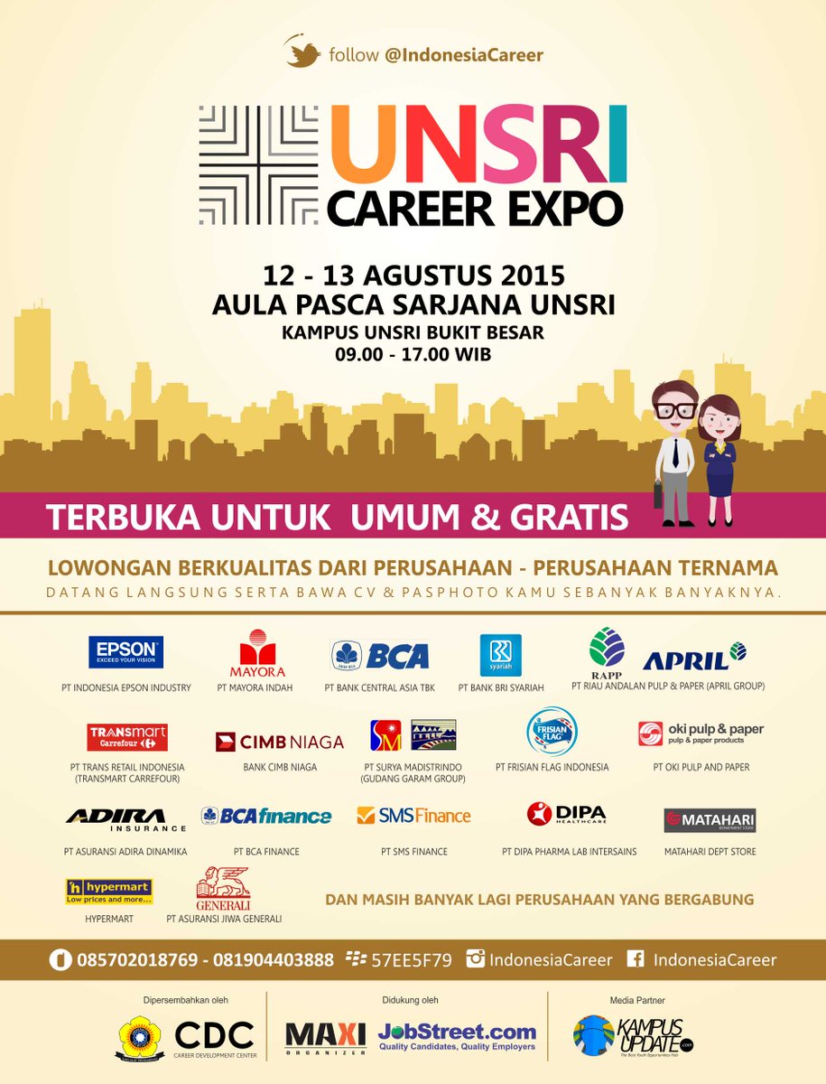 KampusUpdate's tweet photo. Come and Join Us On #UNSRICareerExpo #PLM 12-13 Agst’15 at Aula Pasca Sarjana UNSRI | Info:@IndonesiaCareer http://t.co/hGt6SUCuVk