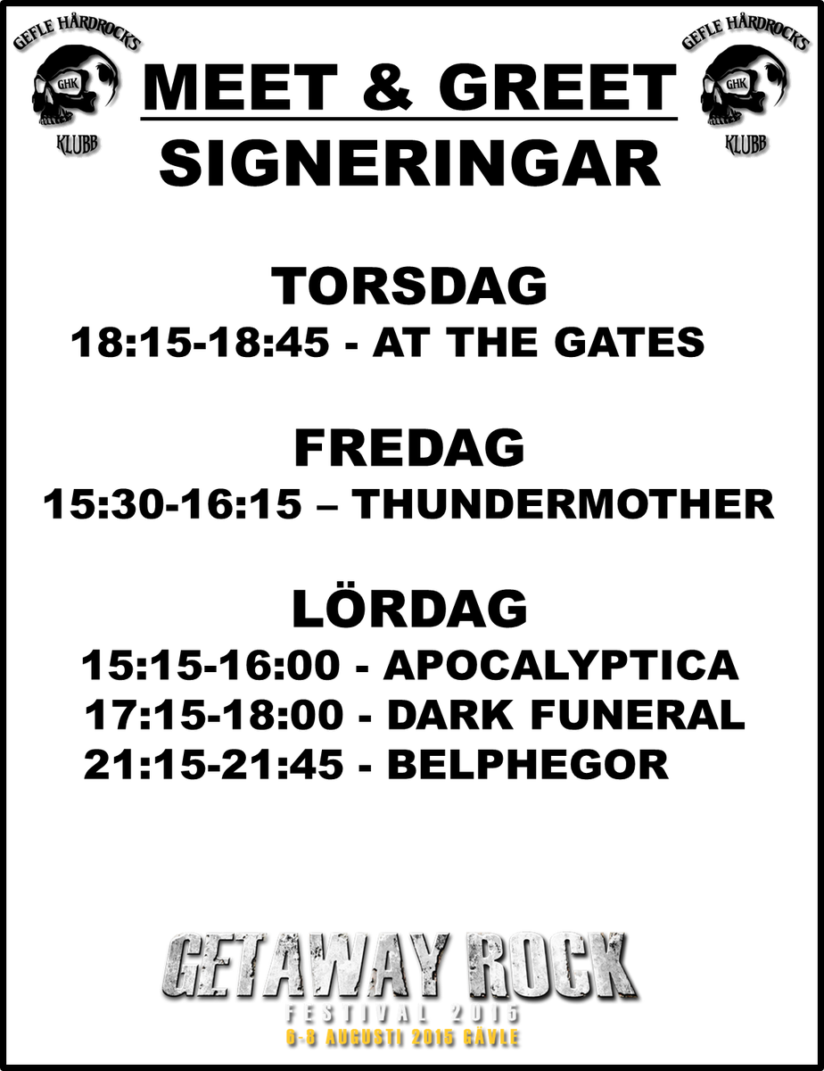 GETAWAYROCKFEST's tweet photo. Hittills klara Meet &amp; Greets/Signeringar \m/ 
(vi väntar fler besked så håll tummarna för just dina favoriter) http://t.co/9i645GBkZH