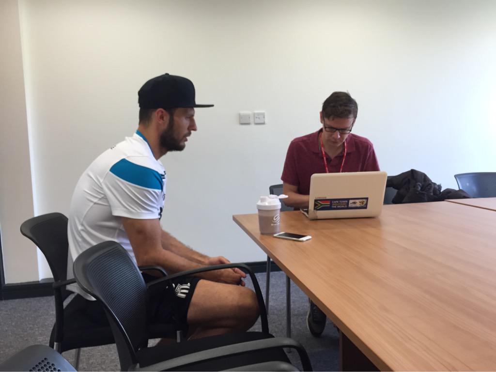 stokecity's tweet image. Defender Erik Pieters is up next, speaking to media from his native Holland #SCFC