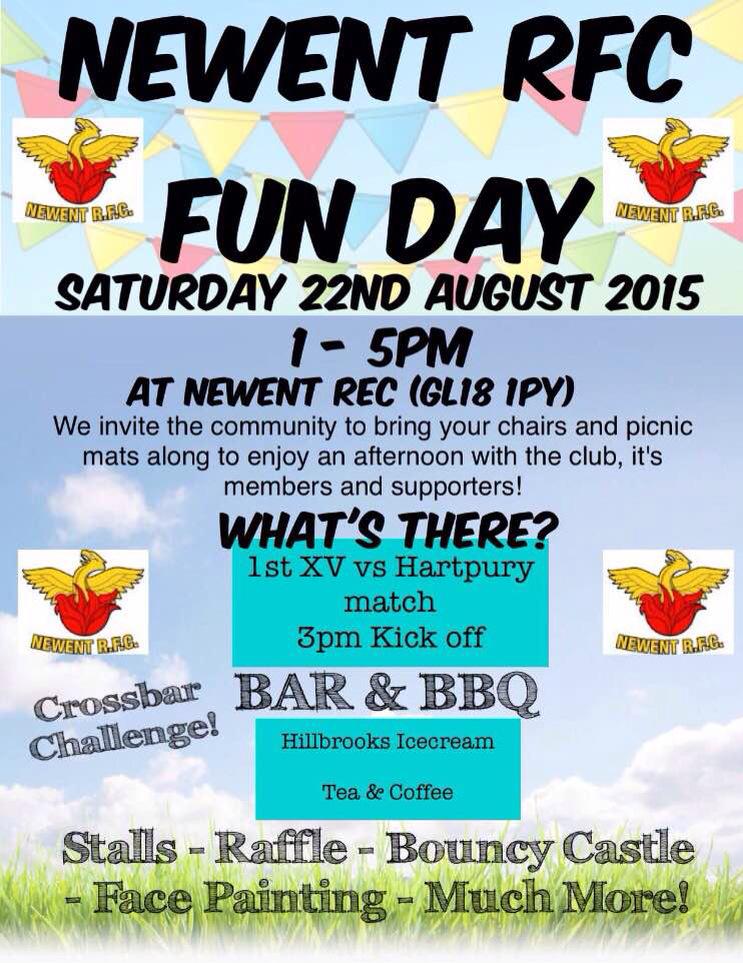 Newent RFC Fun day, 22nd August 1-5pm. Friendly <a href="/NewentRugbyClub/">Newent Rugby Club</a> v <a href="/HartpuryRFC/">Hartpury RFC</a> 3pm kick off, not to be missed!