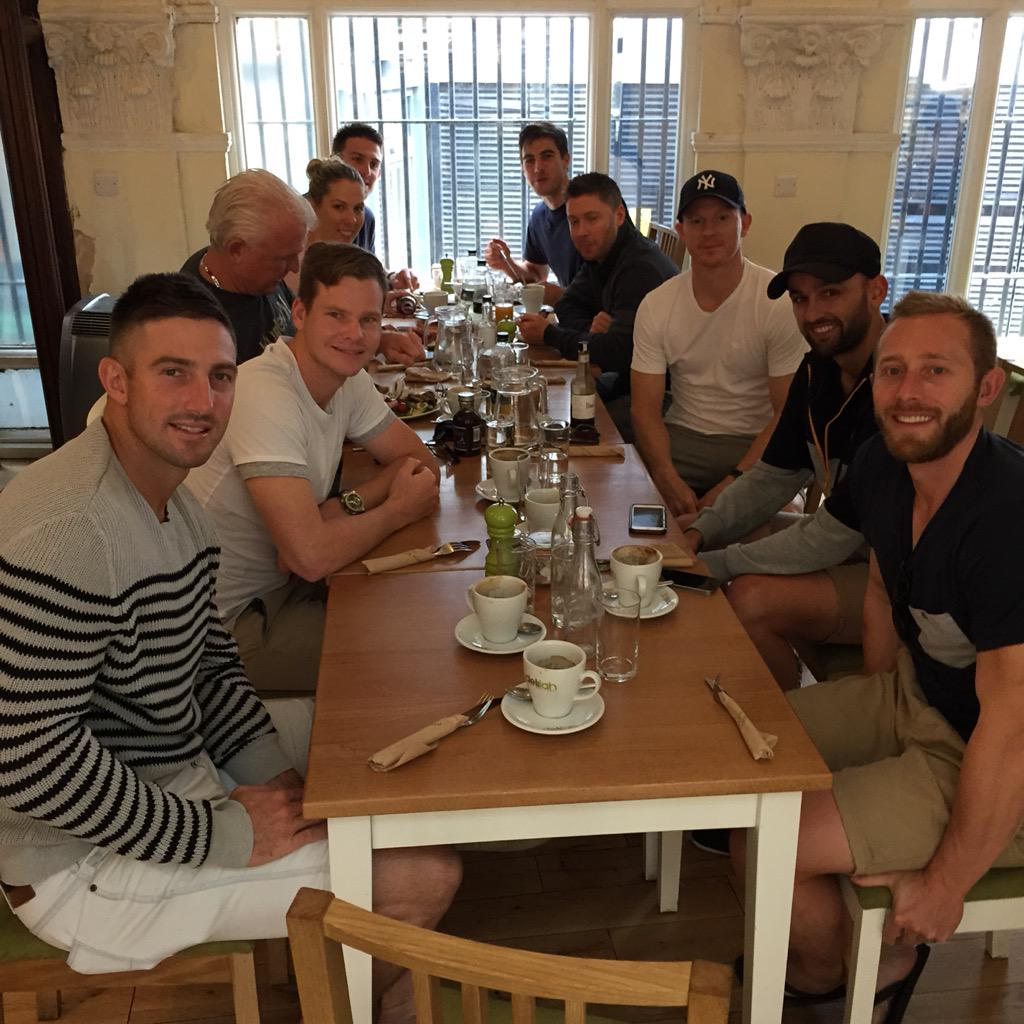 stevesmith49's tweet photo. Team breakfast this morning. Boys loading up getting ready for our big game starting tomorrow. #Ashes http://t.co/42r09Fqihv