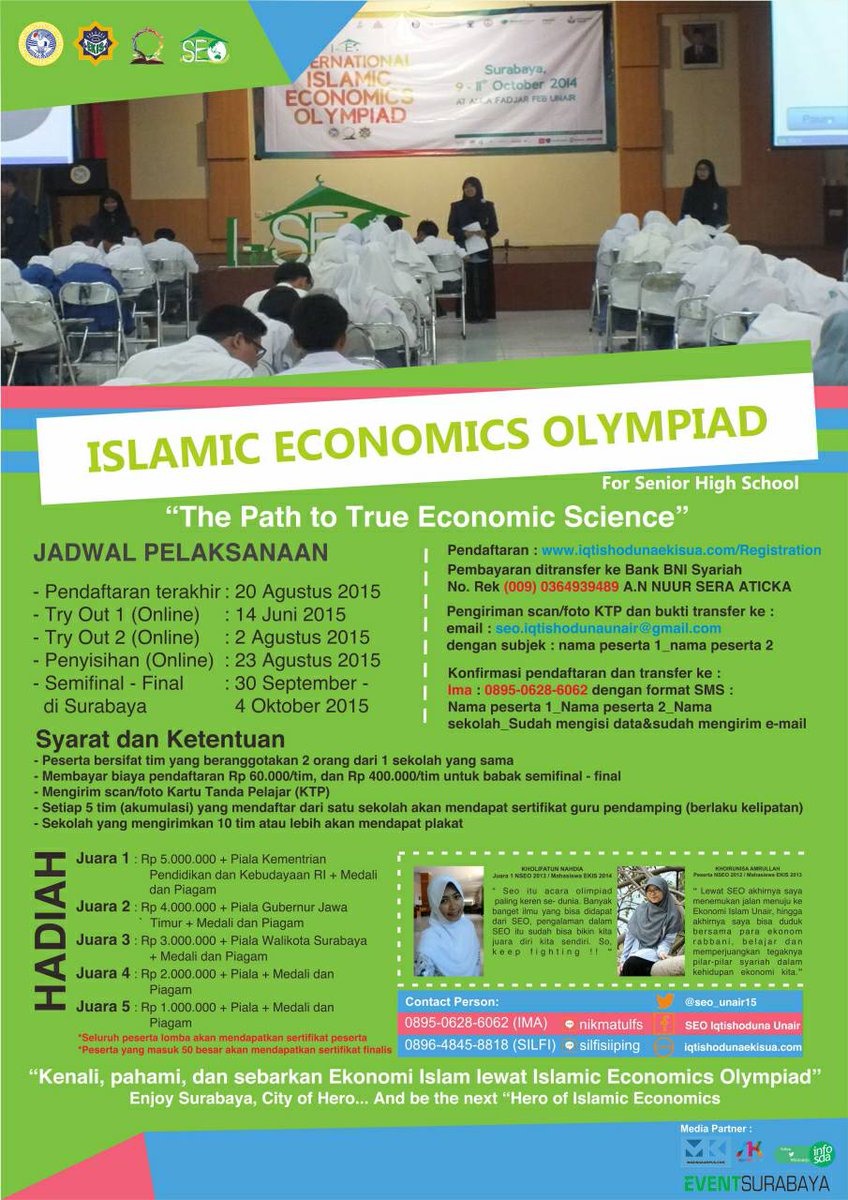 Hai <a href="/AlcentSHS/">SMA Alfa Centauri</a>, Segera daftarkan timmu di iSlamic Economics Olympiad (SEO) 2015. Reg s/d 20Agt'15. Info: @seo_unair15