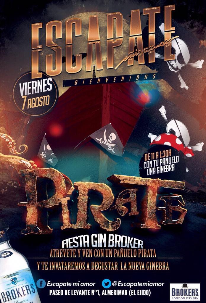 SindyValdivia's tweet photo. Este viernes @EscapateMiAmor se vuelve más pirata que nunca, trae tu pañuelo y te regalamos tu Gin Broker🍸👏👌🙊 http://t.co/2pB5CNWgWd