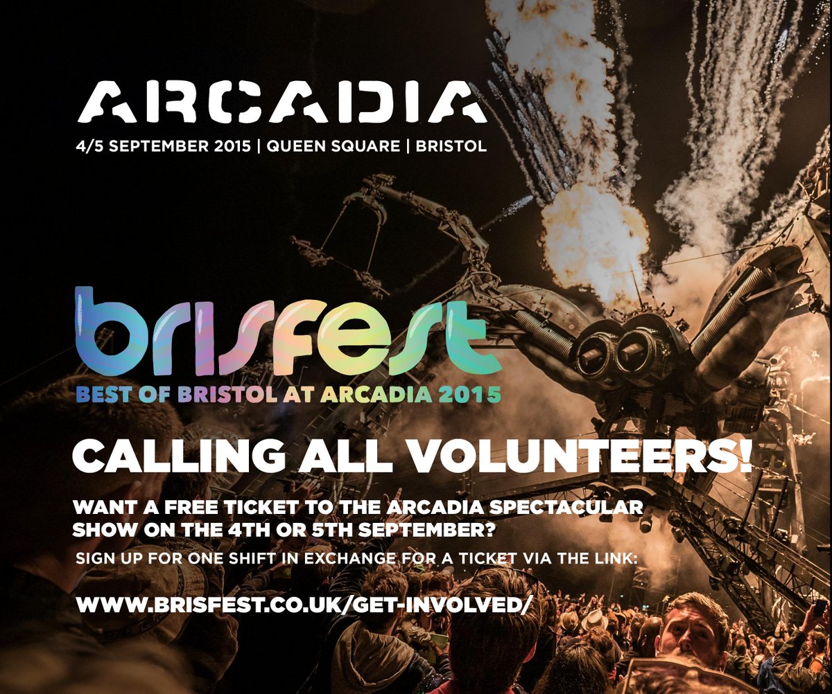 Volunteer with us at <a href="/A_rcadia/">Arcadia</a> 2015 in exchange for a free ticket! Sign up at ww.brisfest.co.uk/scram/