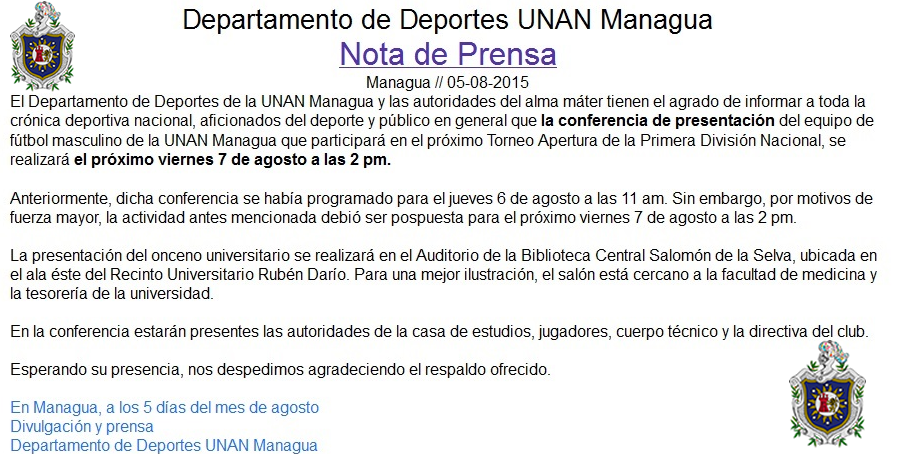 UnanDeportes's tweet photo. Cambio de fecha para la presentación de UNAN Managua FC // 1ra división masculina http://t.co/QGlYMlvHPd