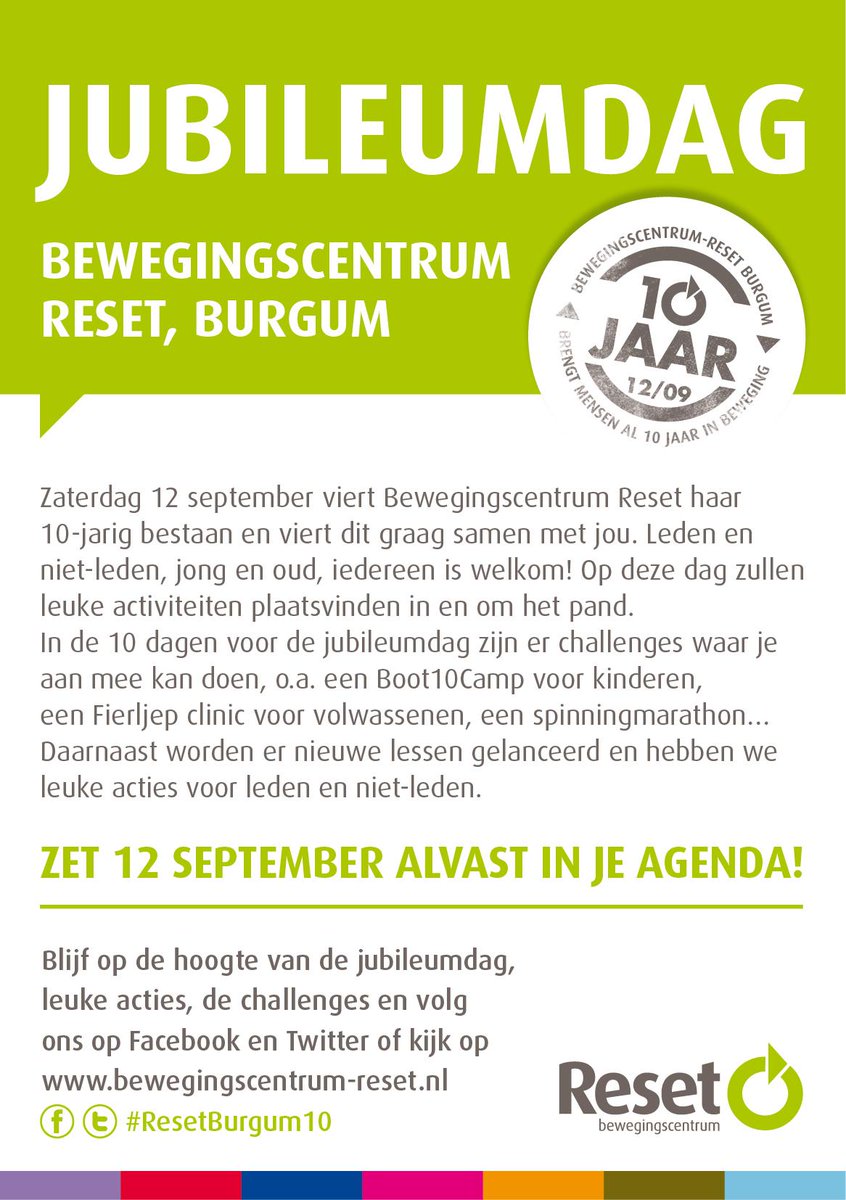 10-jarig jubileum Bewegingscentrum Reset vieren we graag met jou, leden en niet-leden. Zaterdag 12/09 #ResetBurgum10