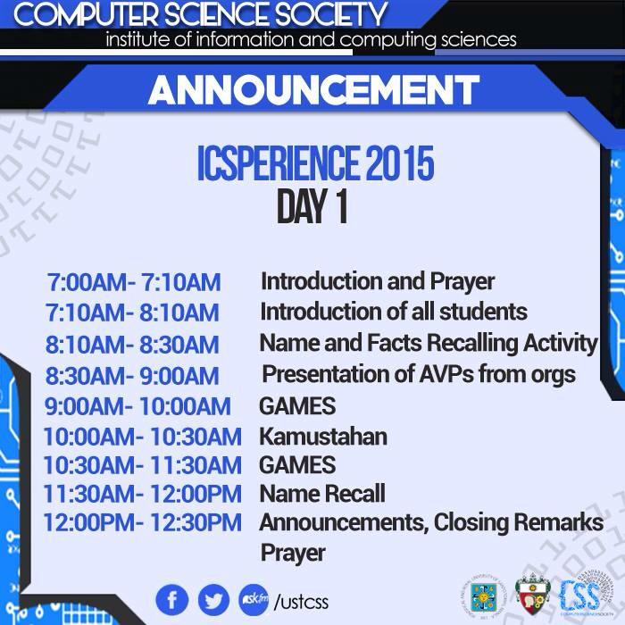 USTCSS's tweet photo. Freshies! Are you eCSited for your first ever #ICSperience ? Then here's your schedule for day 1! π #ICSperience2015 http://t.co/4WmpXBlh62