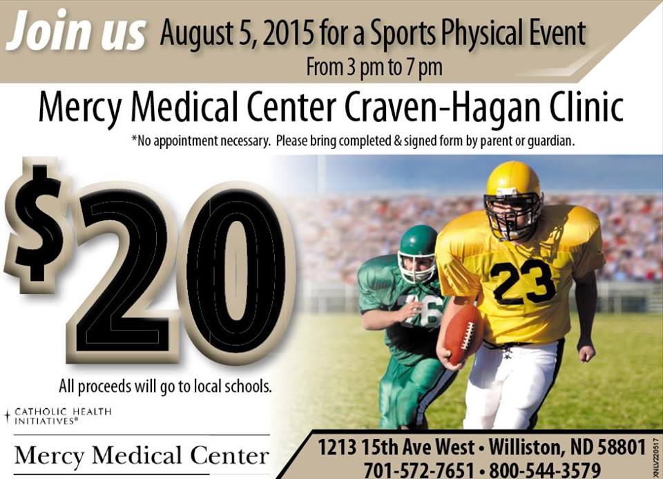 TODAY Mercy Medical's Sports Physical Event!! 3p-7p at Craven Hagan Clinic Proceeds go back to the local schools!