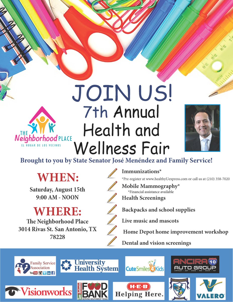 FamilyServiceSA's tweet photo. It's that time of year again! The 7th Annual Health &amp; Wellness Fair #BacktoSchool #Immunizations #Mammography #SATX http://t.co/9aYV7221k3