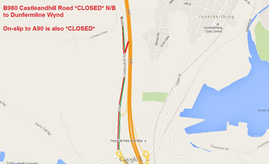 trafficscotland's tweet photo. Local route #B980 Castlandhill Rd & on-slip to #A90 is *CLOSED* N/B from 10pm 7th Aug to 6am 12th Aug #BeAware http://t.co/lTwXbmWVI8