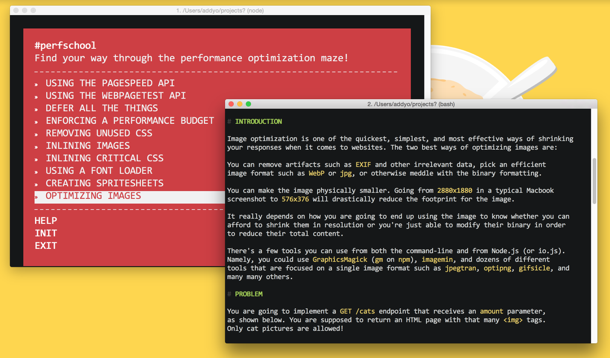 addyosmani's tweet image. $ npm install -g perfschool 

Web performance workshop in your command-line. Image optimisation, WebPageTest &amp;amp; more!