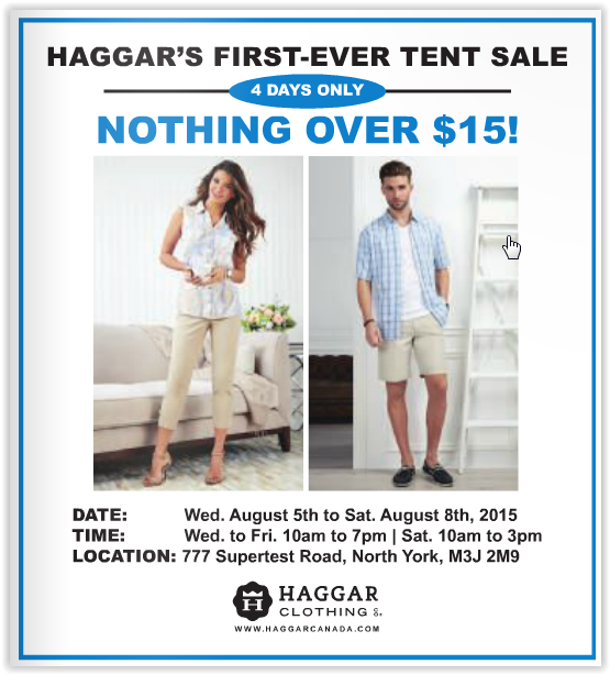 TOdeals's tweet photo. Haggar tent sale, August 5th - 8th, 2015 (Wed. to Fri. 10am to 7pm, Sat. 10am to 3pm), 777 Supertest Road, North York http://t.co/IRcVLrokcV
