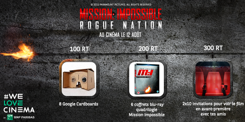 welovecinemafr's tweet photo. RT ce tweet pour tenter de gagner un maximum de lots ! 
À 300 RT on débloque les invitations AVP #MissionImpossible ! http://t.co/BdQQSb9AHB