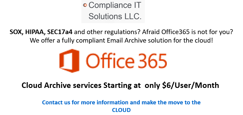 ComplianceITS's tweet photo. Are you in a regulated industry and were afraid of Office365? #SOX #SEC17a4 #HIPAA http://t.co/jn0DbY2wL3 http://t.co/hz0AzmFLT9