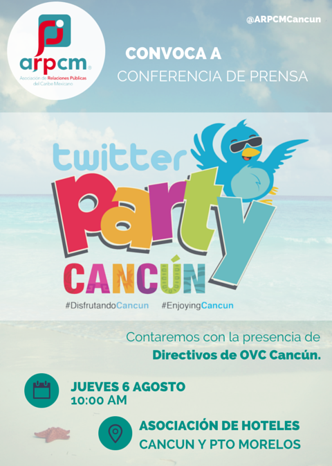 VivoEnCancun's tweet photo. La @ARPCMCancun convoca Jueves 6 de Agosto a Rueda de Prensa de Twitter Party Cancun, campaña de difusion de Cancun http://t.co/M81P2LSUrz
