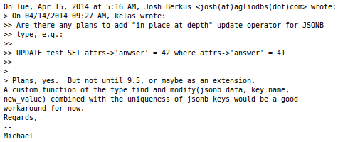 postgres mailing list on JSONB create/update/delete