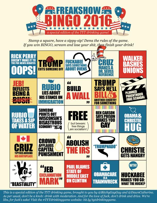 BitchyGayGuy's tweet photo. The print-friendly version of FREAKSHOW BINGO is on our website @ http://t.co/fezGsTOdGi :) #tytlive #tytdrinkinggame http://t.co/1Km7TWeggJ