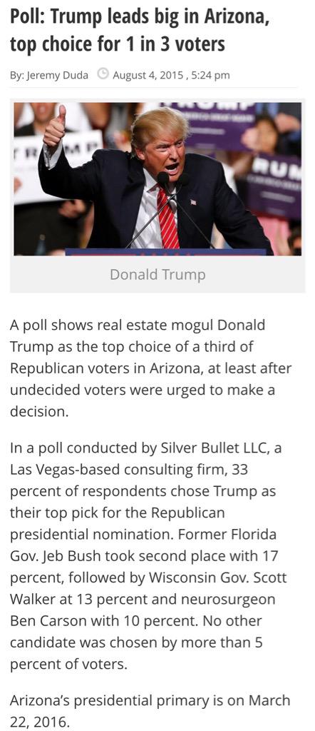 DanScavino's tweet photo. Poll: @realDonaldTrump leads big in #Arizona, coming in #1 at 33% with #2 Jeb Bush at 17%. #Trump2016 http://t.co/GNh6rsyn2K
