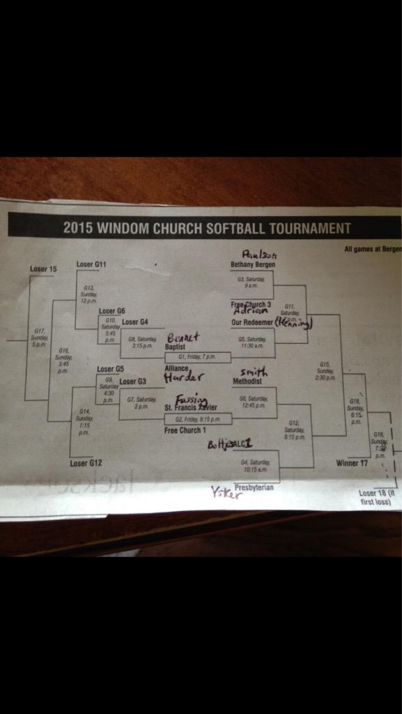 BergenSoftball's tweet photo. The Official 2015 Church Softball League Tournament schedule. #BLC takes on @EF3Softball at 9 am on Saturday. http://t.co/Is26ogdU36