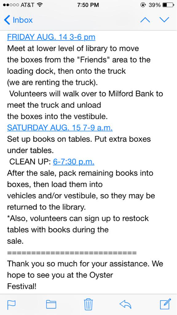 If anyone can volunteer for any of these dates and times for the Oyster Festival, please contact Alyssa (203)6458996