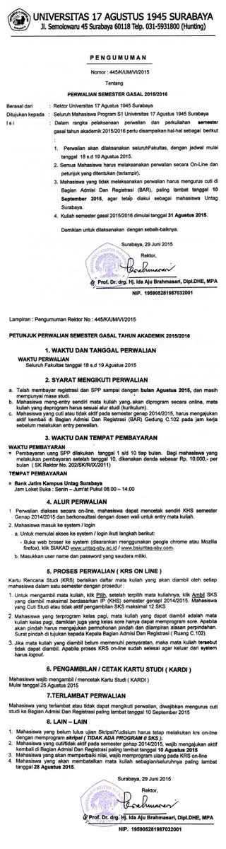 JADWAL PERWALIAN SEMESTER GASAL <a href="/UntagSurabaya/">Universitas 17 Agustus 1945 Surabaya</a>