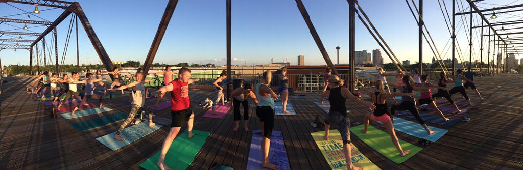 Releasing our inner worrier to connect with our inner warrior on the Hays St Bridge. #vinyasawithaview #downtownSA