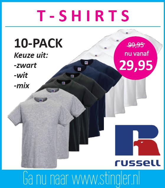 Lekker basic, altijd goed! Nu 10 Russell shirts voor maar €29,95, kies uit wit, zwart of een mix-pack.