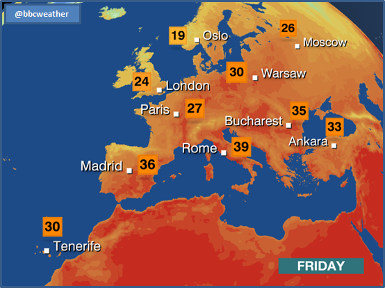 Off on your hols? These are the temps we're expecting across Europe tomorrow. Jo