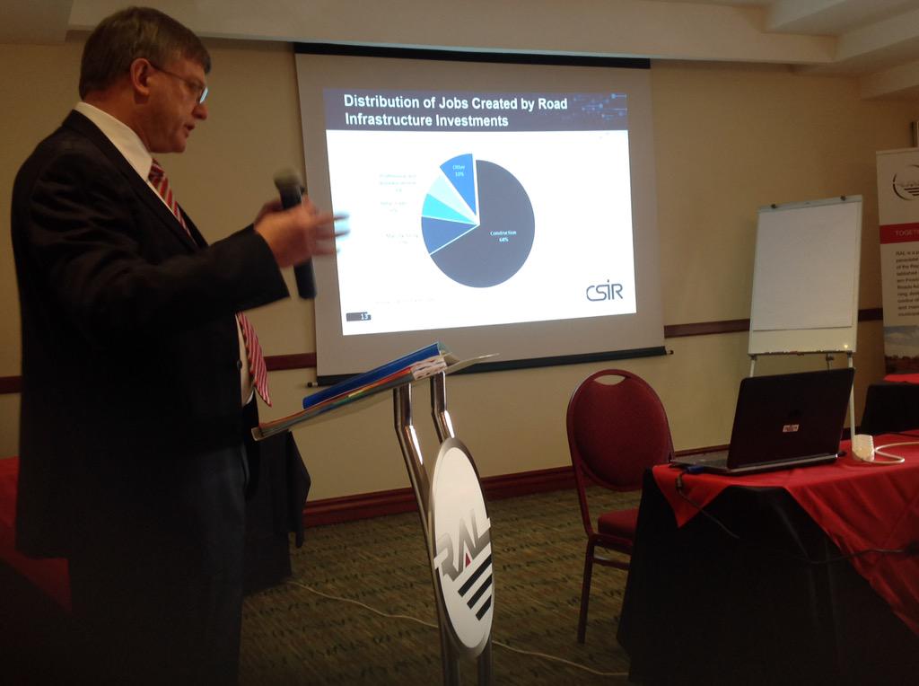 RoadsAgency's tweet photo. #RALStrategySession - #MichaelRoux @CSIR - Distribution of jobs created by road infrastructure - Research Outcomes. http://t.co/QtodsVmVvH