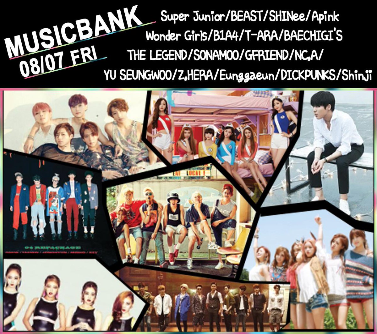 SMTownEngSub's tweet photo. Music Bank line-up tonight:
Super Junior
SHINee
B2ST
B1A4
Wonder Girls
T-ara
A Pnk
Sonamoo
GFriend
NC.A etc http://t.co/s337s7CX9o