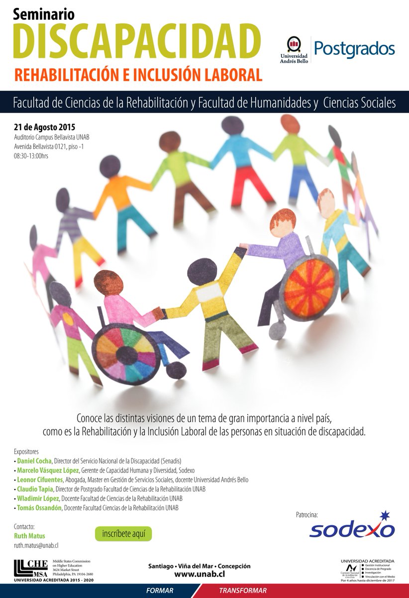 PostgradoUnab's tweet photo. @micompartidas Seminario Rehabilitación,Discapacidad e Inclusión Laboral.Inscripciones carolina.arrunategui1@unab.cl http://t.co/xAoLXC6aQg