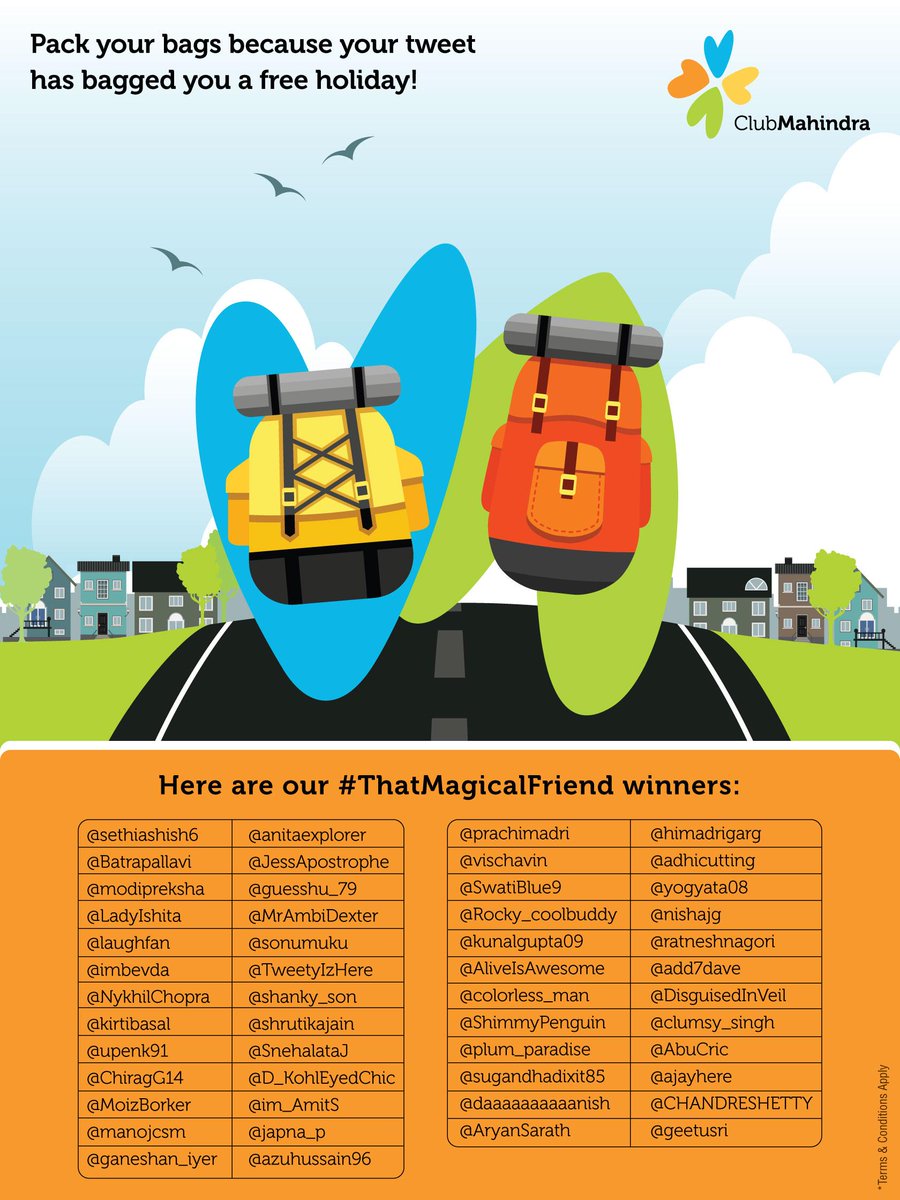 clubmahindra's tweet photo. Congratulations to all the winners of #ThatMagicalFriend contest. The vouchers will be sent by 12th Aug 2015. http://t.co/ZgLwMUxe3u