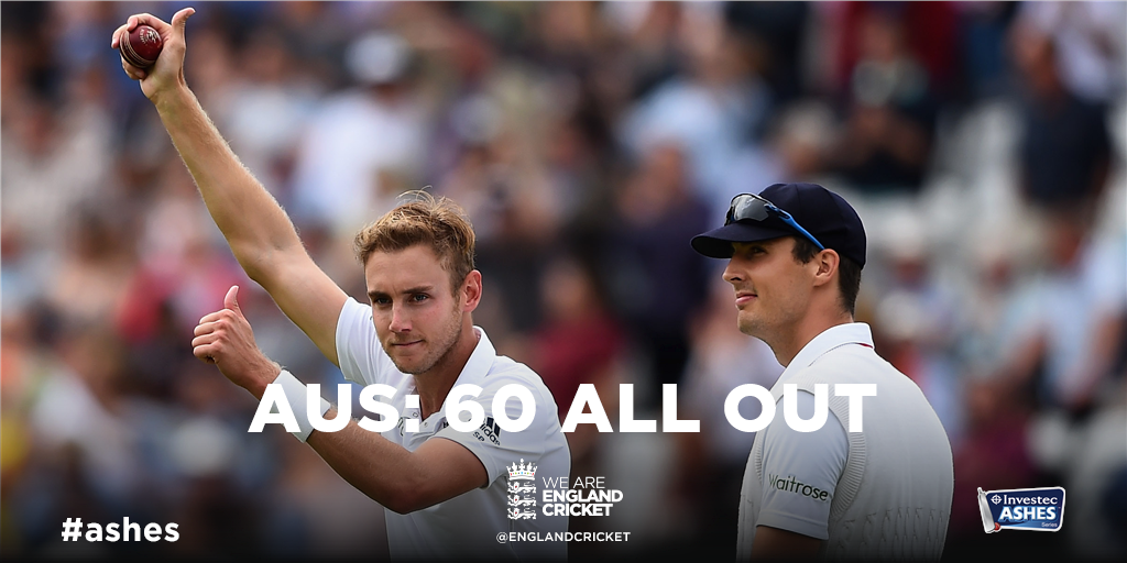 Australia are all out for 60 in 18.3 overs after an outrageously good morning for England in the Investec #ashes
